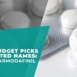 Stacked white tablets beside a blister pack with teal overlay text reading “From Budget Picks to Trusted Names: Generic Armodafinil in 2026”.