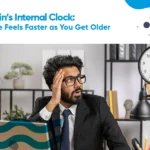 Time perception and aging concept featuring a man and a large analog clock