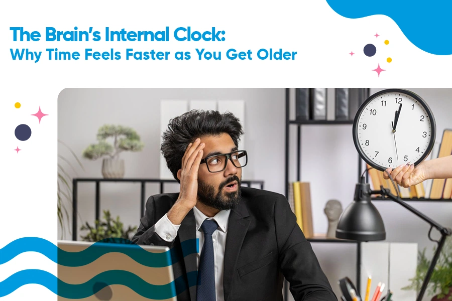 Time perception and aging concept featuring a man and a large analog clock