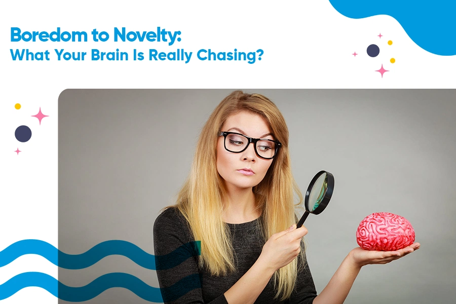 Brain motivation and novelty concept with woman examining a model brain