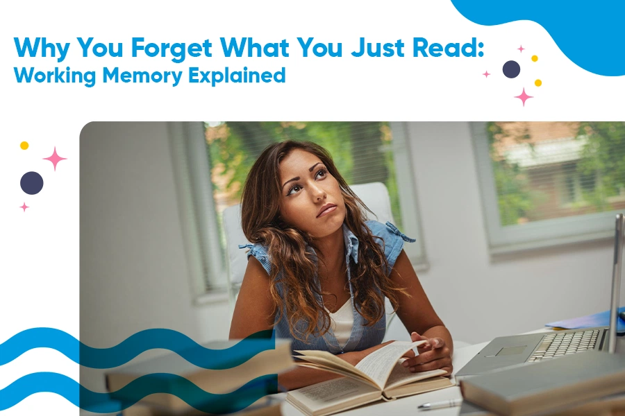 Person struggling to remember information while reading a book