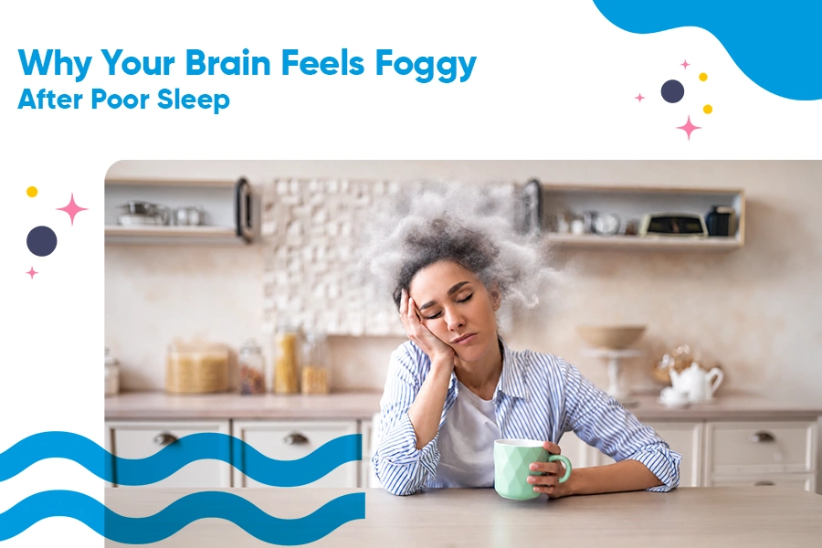 Woman experiencing brain fog and fatigue after poor sleep, sitting at a kitchen counter with a mug.